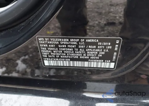 2018 Volkswagen Passat 2.0T R-Line/2.0T S из США, поврежденный, VIN 1VWAA7A38JC031335